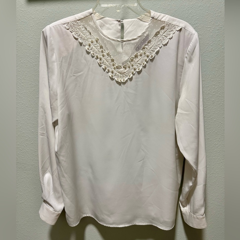 K B Lawrence White Long Sleeve Blouse - Pearl Embellishments - Sz 12 Vintage